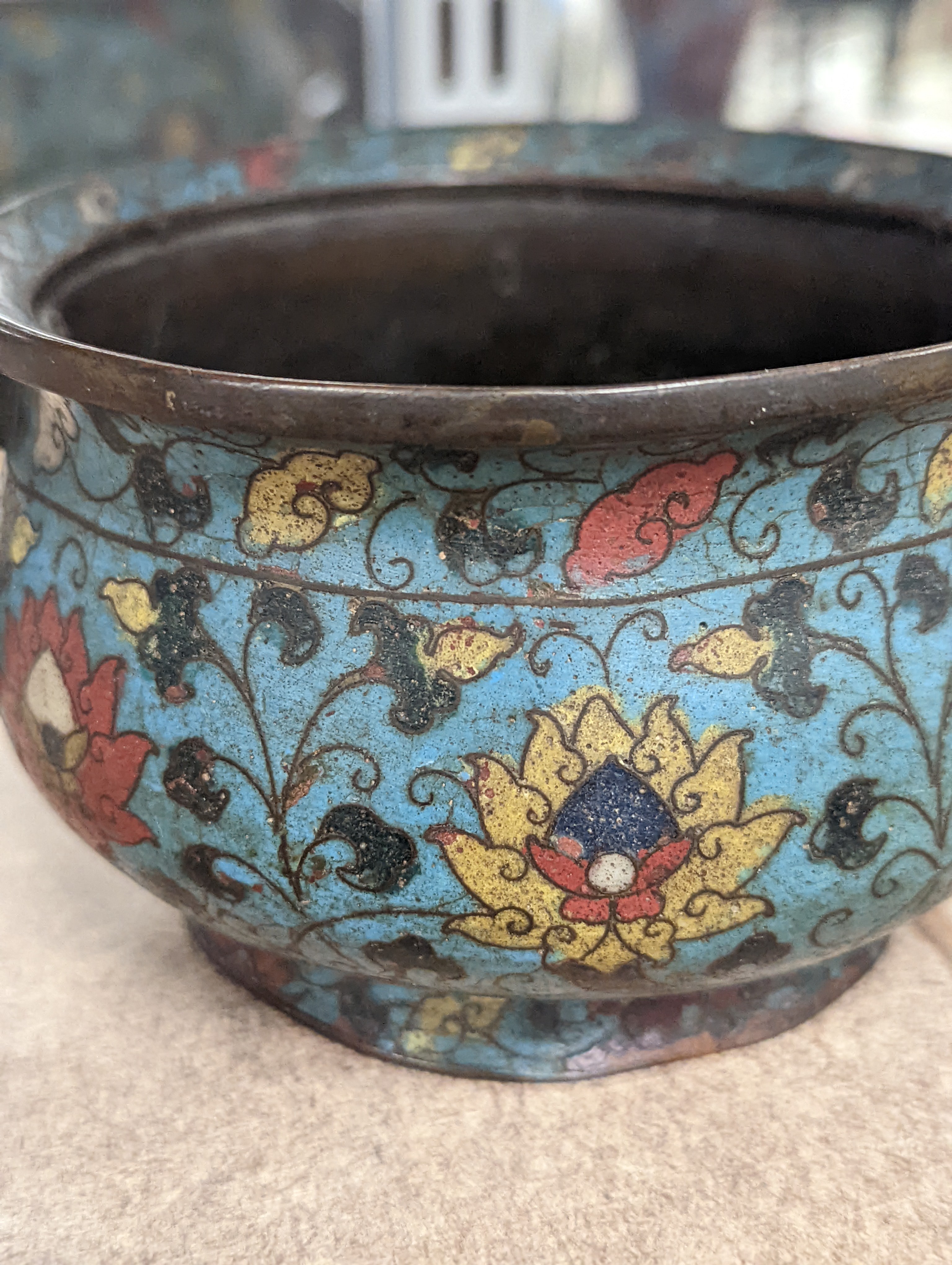 A Chinese late Ming dynasty bronze and cloisonné enamel ding censer 18cm
